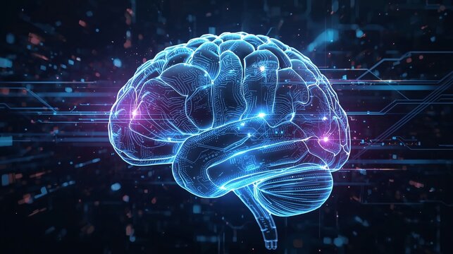 Digital brain with circuit pattern and neon lighting symbolizing high technology concept with creative solutions and data processing on black background as representation of brain power