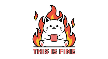 Cute cat calmly holding a mug amidst a fiery inferno, embracing chaos with a "this is fine" attitude.