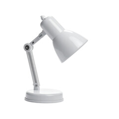 Black metal office desk lamp with bright electric bulb isolated on white background
