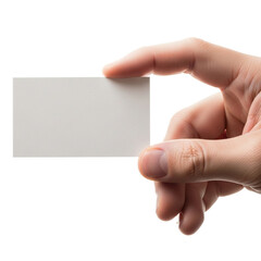 Human hand holding a blank white paper card, ideal for text, logo, or contact information, isolated on white background