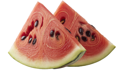 Two triangular slices of ripe watermelon isolated on transparent background