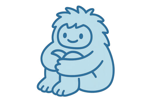 A cute blue cartoon yeti character sitting and hugging its knees with a friendly, happy smile, depicted in a simple flat illustration style with a bold dark blue outline