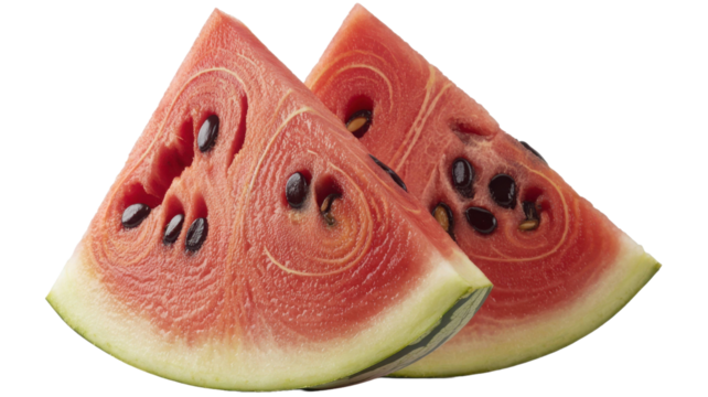 Two triangular slices of ripe watermelon isolated on transparent background