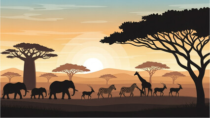 African Wildlife Silhouette Majestic Animals Under the Sunset © Stock Image Paradise
