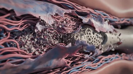 Cross-section of blood vessel. Damaged artery with plaque buildup. Medical imaging of vascular system. Diagnostic illustration of atherosclerosis. Human cardiovascular anatomy. Blood vessel