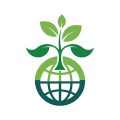 Stylized globe with green sprout and leaves on white background Keywords: globe, earth, planet, sprout, plant, growth, leaves, green, nature