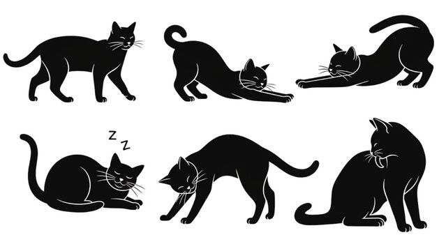 A charming collection of elegant black cat silhouettes captured in various graceful poses, perfect for feline enthusiasts