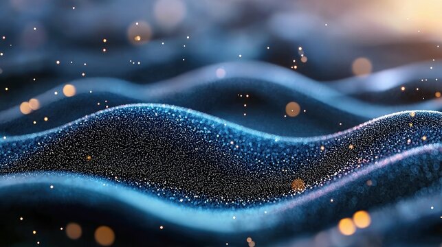 An abstract digital rendering of a dark blue, wavy surface covered in tiny glittering particles, with soft, out-of-focus golden bokeh lights scattered across th