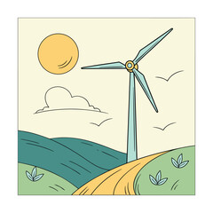 Stylized illustration of a wind turbine on rolling green hills under a yellow sun Keywords: wind turbine, renewable energy, green energy, clean