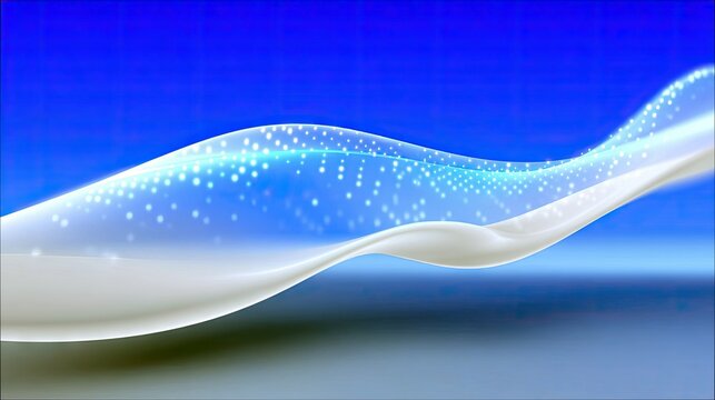 An abstract digital illustration featuring a smooth, white wave-like form with scattered glowing white particles against a gradient blue background. The composi
