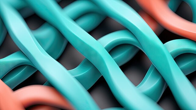 Close-up view of interwoven threads in teal and coral against a dark background, suggesting texture and material.