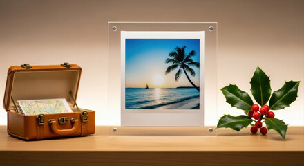 Travel-themed polaroid capturing instant memories of a serene sunset beach scene, framed in a collection alongside a vintage suitcase and festive holly sprig