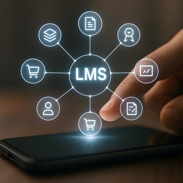 Hand interacting with LMS learning management system icons on smartphone