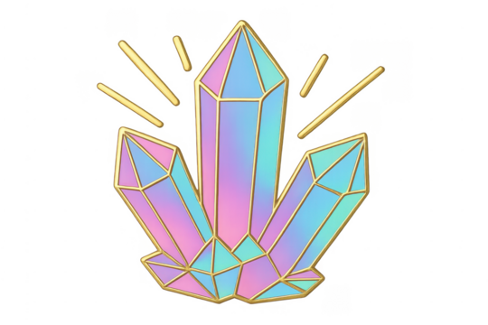 Iridescent crystals cluster shining with golden outline