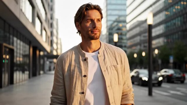 europe man - A confident young man strolls along a modern city street, dressed casually in a light jacket and shirt, surrounded by sleek buildings and warm evening light