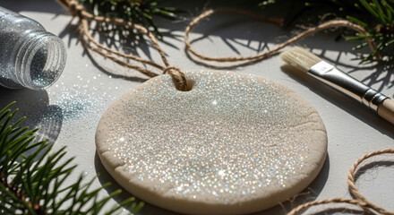 Handmade Christmas salt dough ornament with glitter on a rustic table, surrounded by pine branches, twine, and a paintbrush, capturing a festive DIY atmosphere
