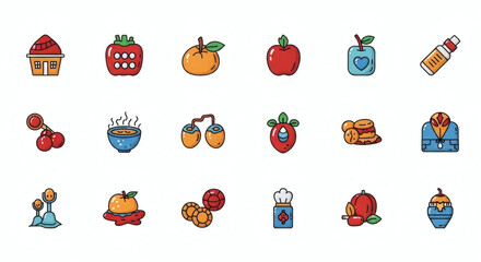 Fototapeta premium A delightful assortment of vibrant icons depicting traditional food, auspicious fruits, and cultural elements, perfect for celebrating festive occasions.