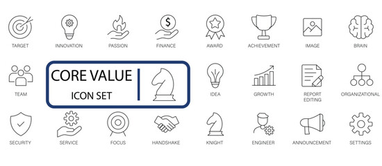 Core Values line icons set. Core Values, Goal, Trust, Teamwork, Customers, Ethics, Motivation, Integrity, Vision, Innovation, and Growth. Editable stroke illustration