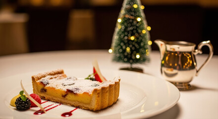 Naklejka premium Festive holiday pear tart with almond frangipane on elegant white plate, garnished with berries and sauce, beside a decorative Christmas tree and silver pitcher