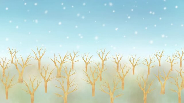 冬の森に雪が降り始め、銀世界へと変わっていく様子。美しく静かな水彩アニメーション。