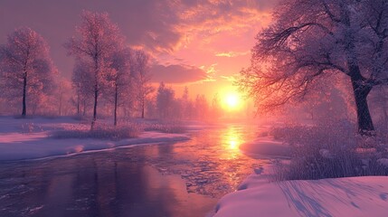 Breathtaking winter landscape with vibrant sunset reflecting on icy river, perfect for holiday promotions or serene nature scenes, showcasing seasonal beauty and tranquility