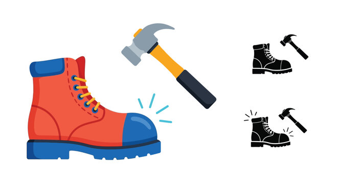 Illustration of a boot being hit by a hammer with line art versions