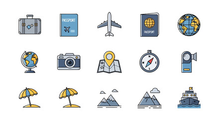 Travel and vacation icons including airplane, passport, camera, globe, suitcase, map, and beach umbrella