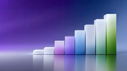 A bar chart graph with ascending bars of varying colors, set against a gradient purple background with a reflective surface.