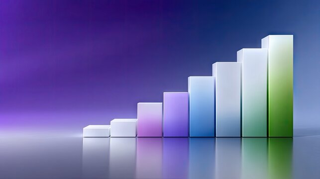 A bar chart graph with ascending bars of varying colors, set against a gradient purple background with a reflective surface.