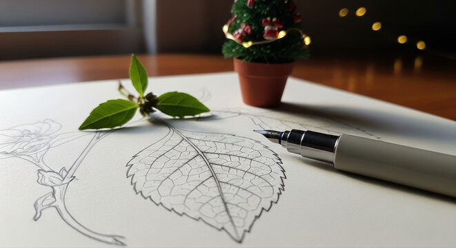 Botanical ink drawing of a leaf with Christmas plant in background, highlighting detailed illustration style on white paper - Powered by Adobe