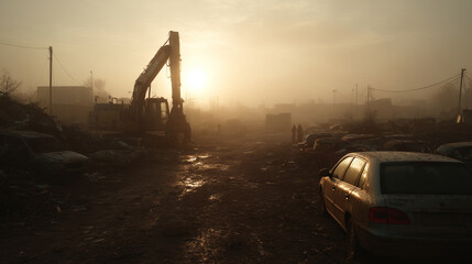 Foggy sunrise over a scrapyard with heavy machinery piles of metal wrecked cars and silhouettes of workers creating a dramatic industrial landscape