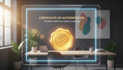 Holographic certificate of authentication with glowing golden checkmark seal displayed in a modern office setting for digital security concept