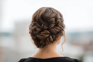 Sophisticated updo with braid details in natural outdoor light, ideal for weddings and formal events, highlighting intricate hair texture and elegant styling for special occasions.