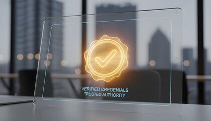 Holographic digital badge with glowing orange checkmark icon displayed on transparent screen in modern office setting symbolizing verification and security