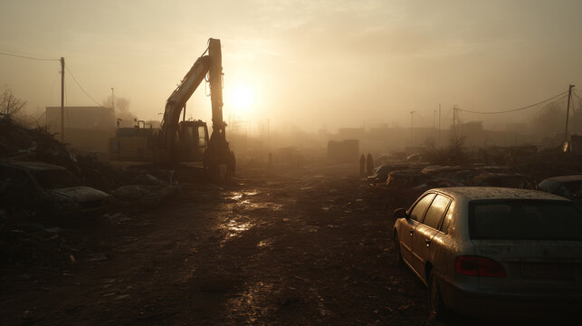 Foggy sunrise over a scrapyard with heavy machinery piles of metal wrecked cars and silhouettes of workers creating a dramatic industrial landscape