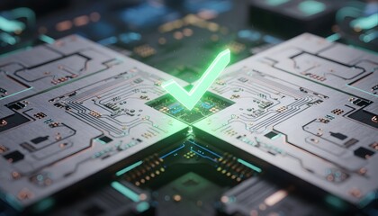 Glowing green checkmark symbol signifying successful verification or approval over a futuristic microchip or circuit board in a dark, technological setting