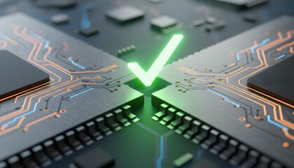 Glowing green checkmark symbol indicating success or validation on a futuristic microchip circuit board with glowing orange lines