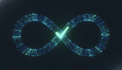 Digital glowing infinity symbol made of blue and green particles with a bright checkmark in the center on a dark background