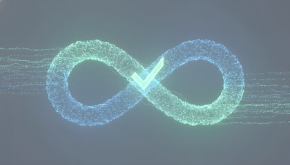 Digital glowing infinity symbol made of particles with a checkmark inside, representing continuous success or eternal verification in a futuristic abstract background