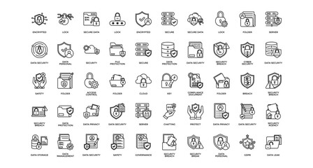 Data security icon set collection. Containing communications, arrows, database, multimedia, networking, server, personal .Line vector icons collection