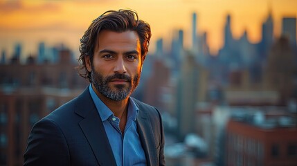 Confident entrepreneur with captivating gaze overlooking vibrant city skyline at sunset, embodying success and ambition, perfect for finance or real estate branding