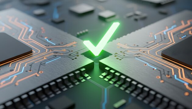 Glowing green checkmark symbol indicating success or validation on a futuristic microchip circuit board with glowing orange lines