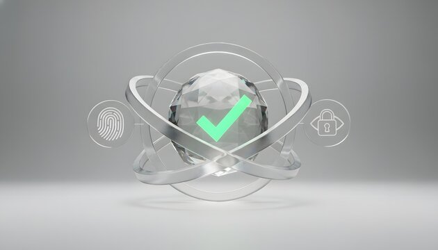 Abstract 3d rendering of a secure digital verification badge with a glowing green checkmark inside a crystal globe emblem