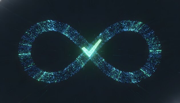 Digital glowing infinity symbol made of blue and green particles with a bright checkmark in the center on a dark background