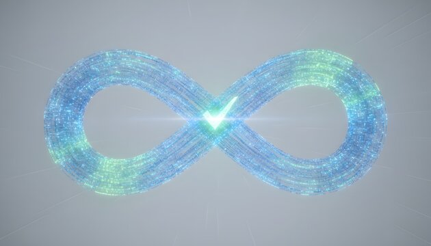 Digital glowing blue infinity symbol made of particles with a bright checkmark in the center on a light gray background