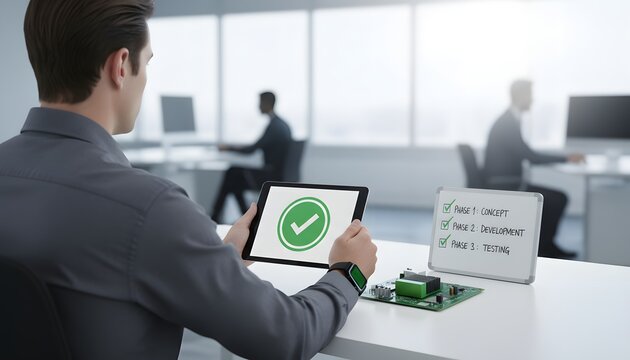 Businessman in office holding tablet showing a green checkmark symbol next to electronic circuit board for quality control