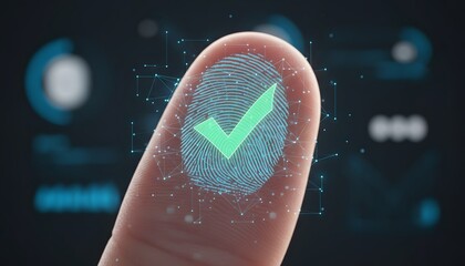 Fingerprint biometric scan with a glowing green checkmark indicating successful authentication or security verification on a digital interface