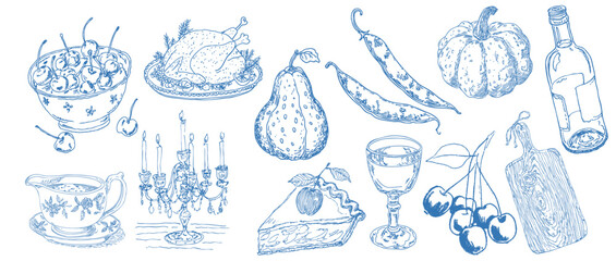 Vintage thanksgiving doodle set with seasonal food, roast turkey, fruit, drinks and festive decorations