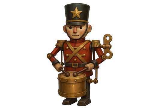 A classic wooden wind-up toy soldier drummer in a red uniform with gold details and a black shako hat with a star, featuring a textured, handcrafted style
