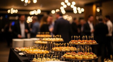 Elegant buffet table at a corporate gala event with networking professionals.